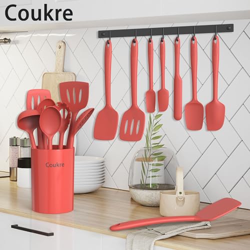 Coukre Silicone Kitchen Cooking Utensils Set, Heat Resistant, 14-Piece | Dishwasher-Safe, Food-Grade Silicone, BPA-Free, Spatulas, Spoons & Turner, Safe for Nonstick Cookware, PureRed - color: PureRed