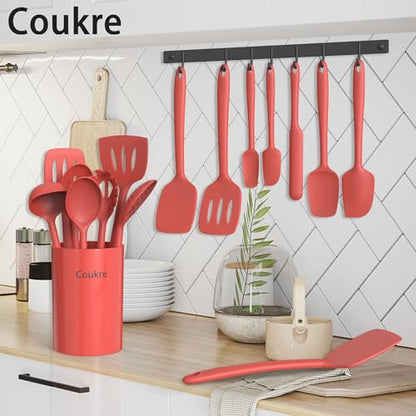 Coukre Silicone Kitchen Cooking Utensils Set, Heat Resistant, 14-Piece | Dishwasher-Safe, Food-Grade Silicone, BPA-Free, Spatulas, Spoons & Turner, Safe for Nonstick Cookware, PureRed - color: PureRed