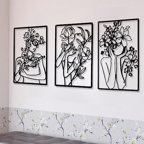 CHENGU 3 Pieces Metal Minimalist Abstract Woman Wall Art Line Drawing Wall Art Decor Single Line Female Home Hanging for Kitchen Bathroom Living Room - style: Modern