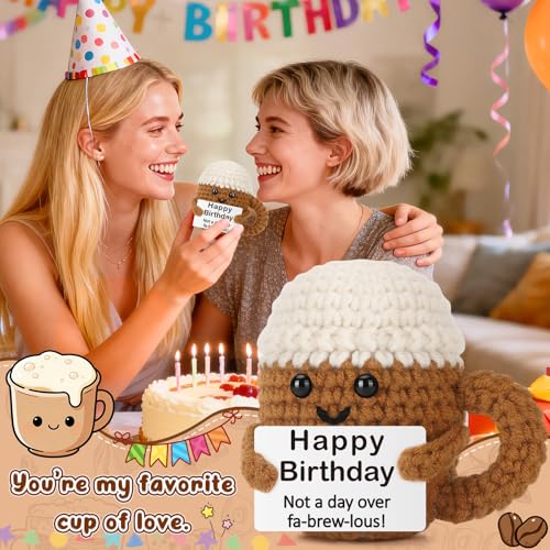 Xinezaa Mini Coffee Birthday Gifts for Women Men Best Friends Coworker | Gifts for Teen Girl Boy Daughter Son Her Him, Funny Handmade Crochet Mug, Years Old Birthday, Unique Happy Birthday Gift - style: Happy bday
