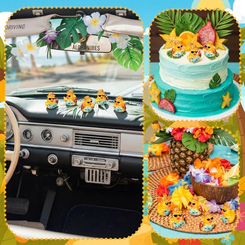 RoundFunny 50pcs Tropical Mini Duck Summer Party Favor Resin Miniature Duck | Small Duck Figurines Bulk for Cruise Ship, Hawaii Duckies Desk Ornament, Luau-themed Duckies for DIY Craft Cake Car Decor - style: Summer