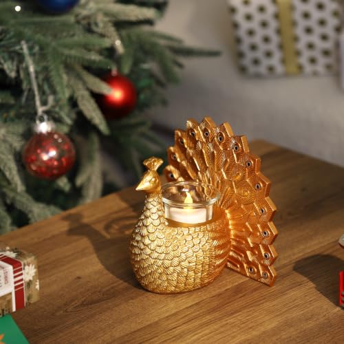 Peacock Tealight Candle Holder, Home Decor Gifts for Women Mom Grandma | with Flameless Candle, Decorative Votive Candle Holder for Table Decor, House Warming Gifts New Home, Christmas Birthday Gift