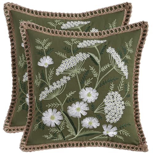 LUOYEHK Green Embroidered Throw Pillow Covers 18x18 Inch Set of 2 White Daisy Flower and Hydrangea Decorative Pillow Covers with Jute Rope Summer Pillowcase Cushion Cover for Couch Sofa Bed Home Decor - color: Green White Flower