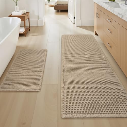 Upgraded Waffle Bath Mat Set of 2, Super Absorbent Non Slip Bath Mats for Bathroom Floor, Washable Boho Bathroom Rugs Set 2 Pieces with Tassels, Soft Bathroom Mat Set, Brown, 18" x 30" Plus 24" x 48" - color: Brown, size: 18" x 30" + 24" x 48"