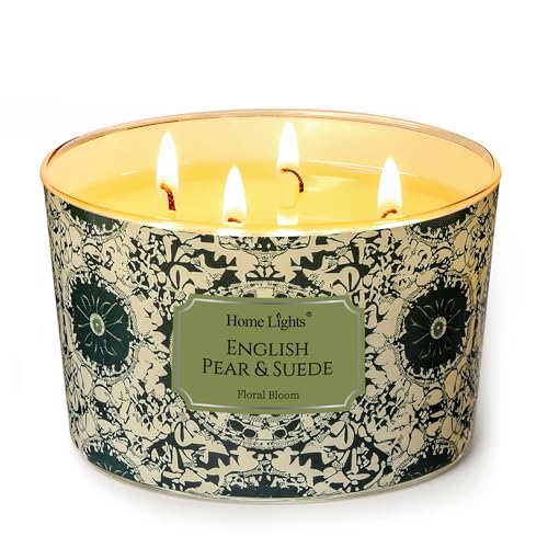 HomeLights Soy Wax Candles for Home Scented, 4-Wick Candles in English Pear & Suede Scented, Aromatherapy Candles Gift for Parties, Relaxing, Bohemian Natural Textures, 18oz - color: English Pear & Suede, size: 18oz 4-wick
