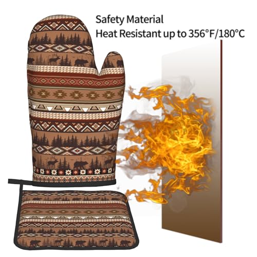 Rustic Bear Deer Oven Mitts and Pot Holder Sets Boho Ethnic Hot Pads Non-Slip Heat Resistant Kitchen Gloves for Baking Cooking Grilling BBQ - color: Rustic Bear Deer