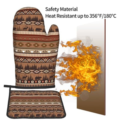 Rustic Bear Deer Oven Mitts and Pot Holder Sets Boho Ethnic Hot Pads Non-Slip Heat Resistant Kitchen Gloves for Baking Cooking Grilling BBQ - color: Rustic Bear Deer