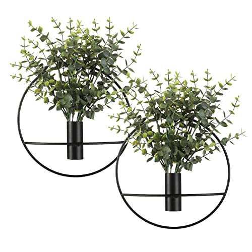 Pretty Jolly Boho Eucalyptus Wall Decor Black Metal Wall-Mounted Art | Morden Artificial Greenery Display，2 Pack Eucalyptus Hanging Planter For Living Room, Bedroom, Bathroom, Dining room - color: 08-greenery-eucalyptus - Black Ring, size: S 7.8inch (Blac