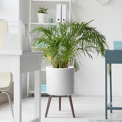 D'vine Dev Planter Pot with Wood Stand, 14 in, Matte White, 88-Z-D-1 | Mid-Century Modern Style, Elevated Plant Display, Drainage Hole and Plug, Functional & Stylish, Modern Indoor Planter - color: Matte White, size: X-Large