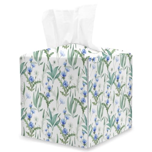 Blue Floral Tissue Box Cover Square, Watercolor Blue Flowers and Green Leaf Tissue Box Holder, Tabletop Decor Leather Facial Paper Organizer Dispenser for Bathroom Home Car Night Stand Living Room/02 - color: Blue Floral