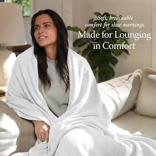 Threadmill Cotton Twin Blanket, Herringbone, White, 68x92 in, Breathable | 100% Cotton, Herringbone Pattern, 350 GSM, 68x92 in, Breathable, Moisture-Wicking, All-Season, OEKO-TEX Certified - color: Bright White, size: Twin (68" x 92")