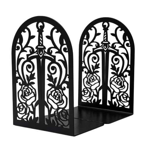 Gothic Sword Rose Book Ends, Heavy Duty Metal Bookends for Shelves | Non Skid Metal Book Divider Decorative Holder, Abstract Art Desgin Book Stopper Supports for Office, Home - color: Sword Rose