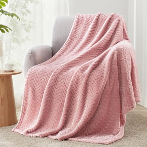 Exclusivo Mezcla Large Fleece Throw Blanket for Couch, Sofa, Pink | 50"x70" Soft Breathable Lightweight Flannel Throws for Summer, Plush Cozy Jacquard Wave Blanket for Home Decor - color: Pink, size: Throw ( 50x70 IN )