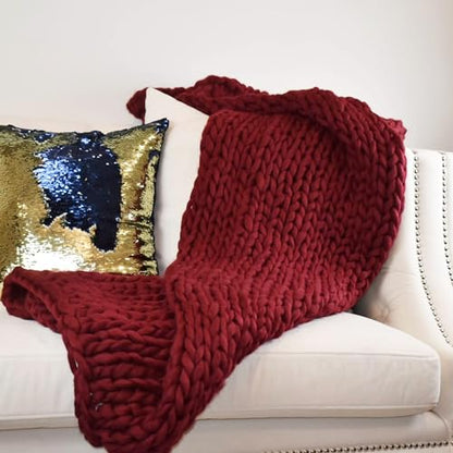 Chunky Knit Blanket (50 x 60 Inches) Warm Soft Cozy for Lounge Sofa & Bedroom, Handmade Knitted Yarn Throw Blanket (Red Wine, 1) - color: Red Wine
