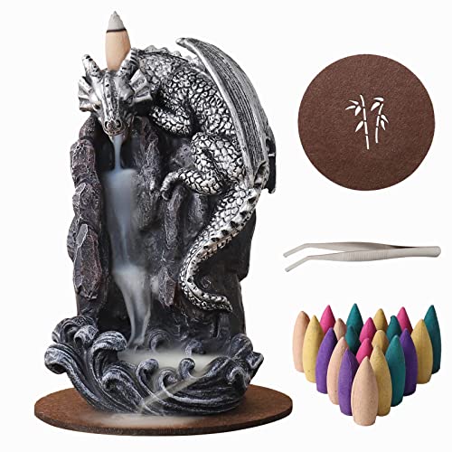 Dragon Backflow Incense Holder Waterfall Incense Burner, with 100 Backflow Incense Cones,1 Mat,1 Tweezers，Aromatherapy Ornamental for Home Office Yoga （Silver Dragon） - color: Silver