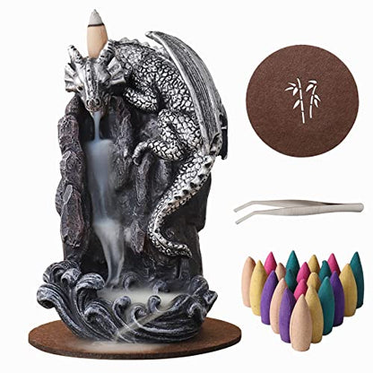Dragon Backflow Incense Holder Waterfall Incense Burner, with 100 Backflow Incense Cones,1 Mat,1 Tweezers，Aromatherapy Ornamental for Home Office Yoga （Silver Dragon） - color: Silver