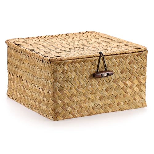 Hipiwe Handwoven Wicker Shelf Basket Bin with Lid Decorative Baskets Box | Multipurpose Seagrass Baskets Organizer, Square Household Storage Basket for Shelf Living Room Bathroom, Small Caramel - color: Caramel, size: Small