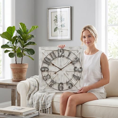 24 Inch Large Farmhouse Wall Clock, Rustic White Distressed Wood Frame with X-Brace Barn Door Backing, Silent Non-Ticking Quartz Movement,for Living Room, Fireplace, Entryway, or Dining Room - color: White