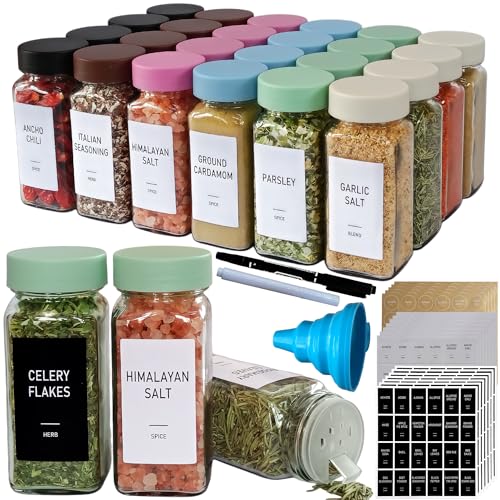 Spice Jars with Labels - 24 Glass Spice with Shaker Lids & Airtight Plastic Caps - 4oz Complete Seasoning Containers Organizer Set for Cabinet, Drawer & Rack (Light Green) - color: Light Green