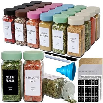 Spice Jars with Labels - 24 Glass Spice with Shaker Lids & Airtight Plastic Caps - 4oz Complete Seasoning Containers Organizer Set for Cabinet, Drawer & Rack (Light Green) - color: Light Green