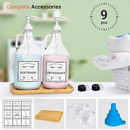 2 Pcs Glass Laundry Detergent Dispensers, 64 oz | Liquid Laundry Soap Dispenser for Laundry Room, Farmhouse Decor, with Pumps, Labels, Bamboo Tray, Funnel & Measuring Cups