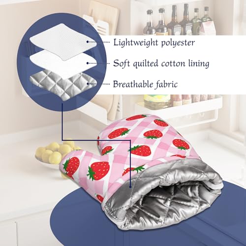 Cute Strawberry Pot Holders and Oven Mitts Set Silicone Pink Check Plaid Kitchen Gloves Potholders Heat Resistant Washable,Chef Cooking Baking Gifts for Women Men Bakers Lover Cooks - color: Cute Strawberry,pink Check Plaid