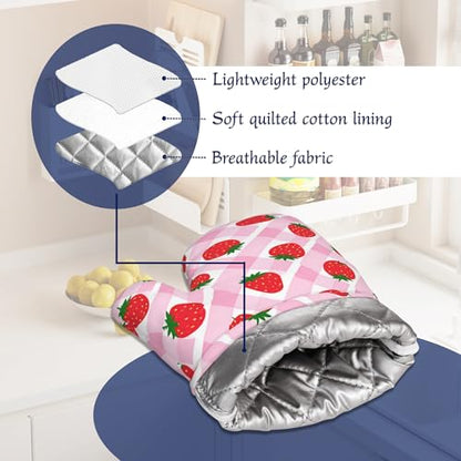 Cute Strawberry Pot Holders and Oven Mitts Set Silicone Pink Check Plaid Kitchen Gloves Potholders Heat Resistant Washable,Chef Cooking Baking Gifts for Women Men Bakers Lover Cooks - color: Cute Strawberry,pink Check Plaid