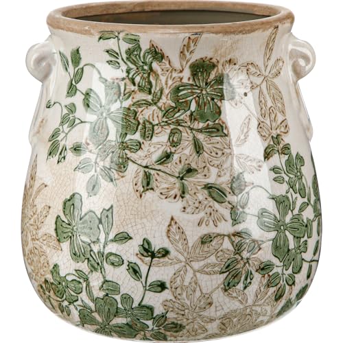 Ceramic Scroll Planter 6.5 Inch Chinoiserie Floral Vase with Drainage Holes Vintage Flower Vase Flower Pot Rustic Ceramic Pots for Indoor Plants Garden Home Bookshelf Decor(Double Green) - style: Double Green
