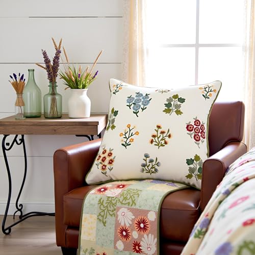 Embroidered Throw Pillow Covers 18x18 inch Pack of 2 Multiflower | Durable Fabric,Square Pillow Cover,Boho Decorative,Hidden Zipper,Aesthetic Design,Ideal Gift,Machine Washable - color: Multiflower