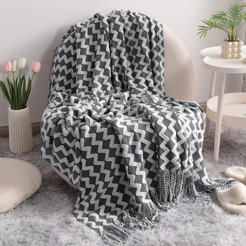 NTBAY Acrylic Knit Throw Blanket, 51 x 67, Grey Wave | Lightweight Acrylic Wave-Knit Throw with 7 Inch Tassels for Sofa, Bed, Reading, Travel, and Decorative Layering - color: Charcoal, size: Throw (51"x67")