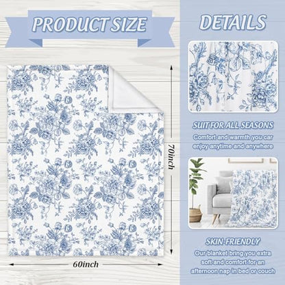 JarThenaAMCS Floral Fuzzy Blanket Blue Flower Throw Blanket Decorative Soft Cozy Flannel Blankets for Home Bed Sofa Couch Chair, 60 x 70 Inch - size: 60 x 70 Inch