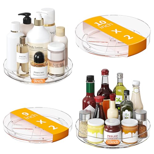 4 Pack Clear Lazy Susan, 9+10 Inch Turntable Organizer, Non-Skid Rotating Tray for Cabinet, Kitchen Pantry Organization and Storage, Acrylic Spinner for Refrigerator, Bathroom Vanity and Spice Rack - size: 9+10inch - 4 Pack