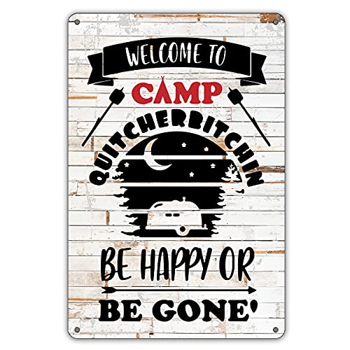 QIONGQI Funny Welcome to Camp Metal Tin Sign Wall Decor Farmhouse Rustic Camping Signs with Sayings for Home Camper Room Decor Gifts (Wooden Style) - color: CAMP