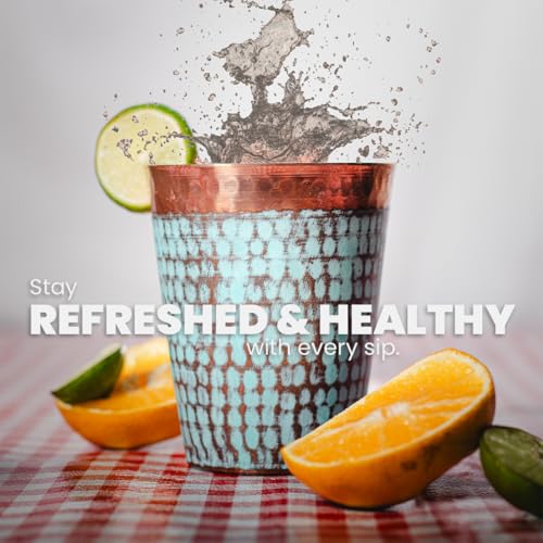 Handcrafted Copper Cups Set - 4 Unique 15 oz Tumblers for Wine & Water | Copper Water Bottle | 100% Authentic Santa Clara, Mexico Craftsmanship | Eco-friendly Gift for Health Enthusiasts - color: Turquoise