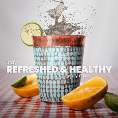 Handcrafted Copper Cups Set - 4 Unique 15 oz Tumblers for Wine & Water | Copper Water Bottle | 100% Authentic Santa Clara, Mexico Craftsmanship | Eco-friendly Gift for Health Enthusiasts - color: Turquoise