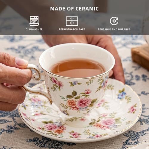 Agyiuns tea cups and saucers ceramic coffee mug 6oz set of 4 for Latte, Cafe Mocha, white with flowers - color: White and small floral-set of 4
