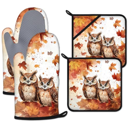 Autumn Maple Owls Oven Mitts and Pot Holders Sets 4 Pcs Silicone Kitchen Gloves Heat Resistant Fall Potholders for Baking Grilling BBQ - color: Fall Owl