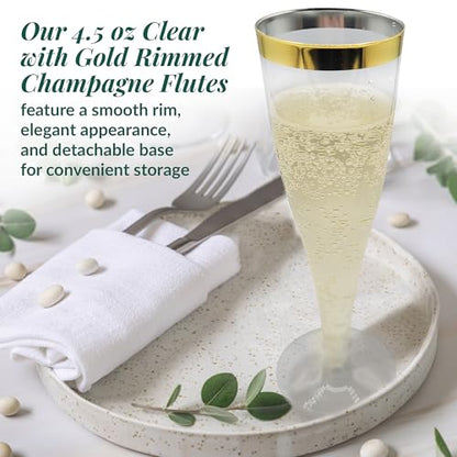 Reli. Disposable Champagne Flutes (55 Pack) | 4.5 oz Clear w/ Gold Rim | Premium Plastic Champagne Flutes | Party-Perfect for Celebrations, Weddings, Graduation, New Year