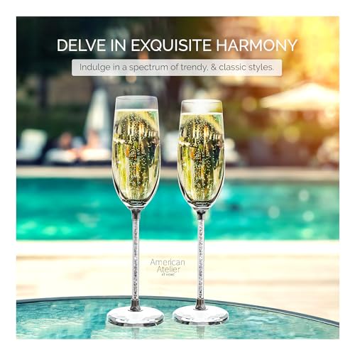 American Atelier Champagne Flutes, Set of 2, Gem Filled Stem, 10in