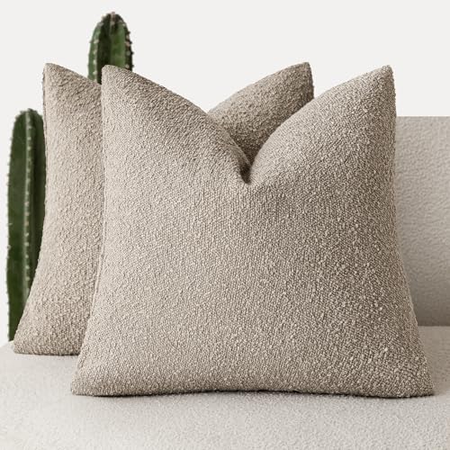 Foindtower Set of 2, Decorative Textured Boucle Throw Pillow Covers Accent Solid Pillow Cases Neutral Cozy Couch Cushion Case for Chair Sofa Bedroom Living Room Home Decor 16x16 Inch Light Khaki Tan - color: Light Tan, size: 16" x 16" (Pack of 2)