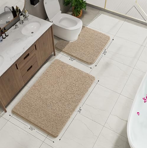 Bathroom Rug Sets 2 Piece, 20"x20" U-Shaped & 21"×34", Beige | Toilet Mat Non Slip Bath Mats Floor Set, Washable Bath Rug Set, Absorbent Soft Bathroom Rug - color: Beige