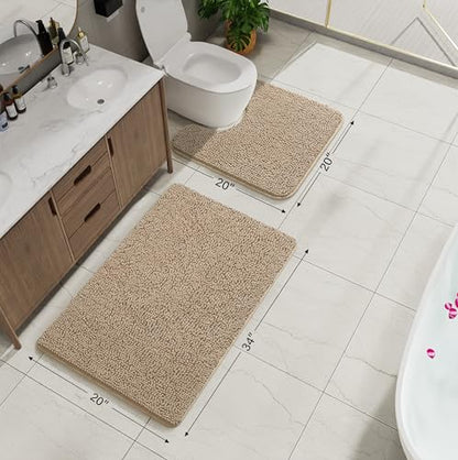 Bathroom Rug Sets 2 Piece, 20"x20" U-Shaped & 21"×34", Beige | Toilet Mat Non Slip Bath Mats Floor Set, Washable Bath Rug Set, Absorbent Soft Bathroom Rug - color: Beige