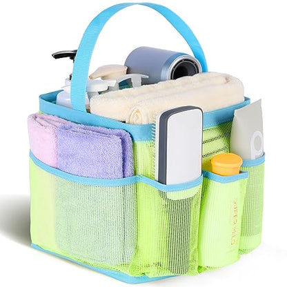 EUDELE Mesh Shower Caddy Portable, 8-Pocket Large Capacity, Quick Dry, Easy Clean, Ideal for Beach, Swimming, Gym, Travel - color: Fluorescent Green-Light Blue