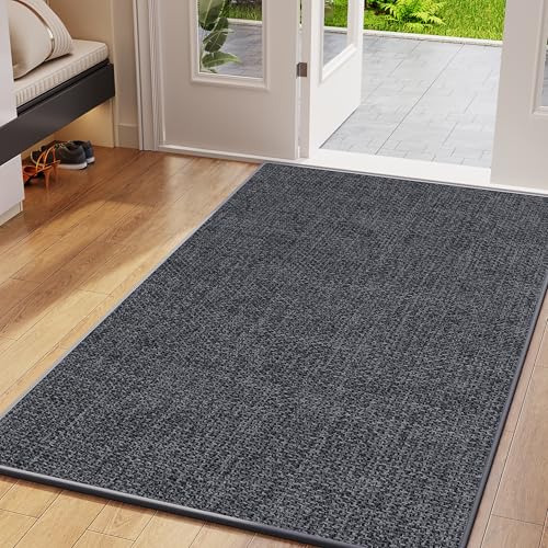 Front Door Mat Indoor Entrance Woven Welcome Entry Mat Gray 36"x59" Large | 3x5 ft Dirt Resistant Absorbent Low-Profile Thin Braided Indoor Door Mat Non Slip Rubber Inside Doormat Washable Entryway Mat - color: A- Dark Gray, size: 36"x59"