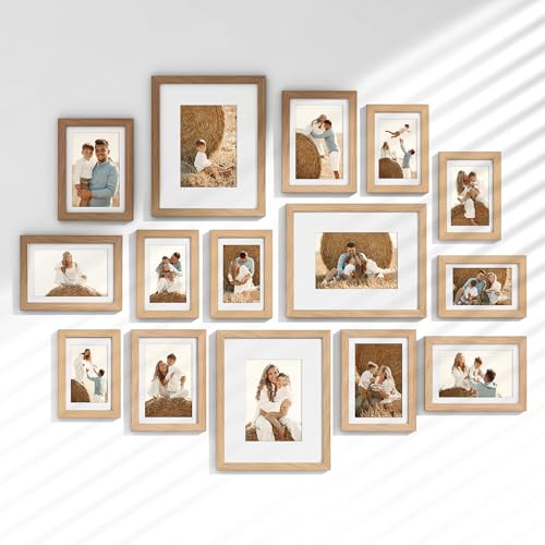 15 Pack Picture Frames Collage Wall Decor, Gallery Frame Set for Wall Mounting or Tabletop Display, Multi Sizes Including 3pcs 8x10, 6pcs 5x7, 6pcs 4x6, Oak - color: Oak