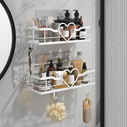 White Heart Shower Caddy,No Drilling Adhesive Shelves,2 Pack | Shower Shelf with 4 Removable Hooks,Holds 40 lbs,Rustproof Metal,For bathroom,kitchen,dorm,Cute Shower Organizer - color: White