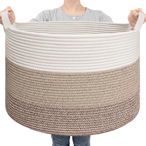 Goodpick Large Woven Basket for Blankets, Nursery & Living Room Decor, 85L | 21.7 x 21.7 x 13.8 In Baby Toy Storage Basket for Nursery, Blanket Basket for Living Room, Toy Bin, Light & Brown - color: White & Light Brown, size: 21.7x21.7x13.8 Inch (Pack of