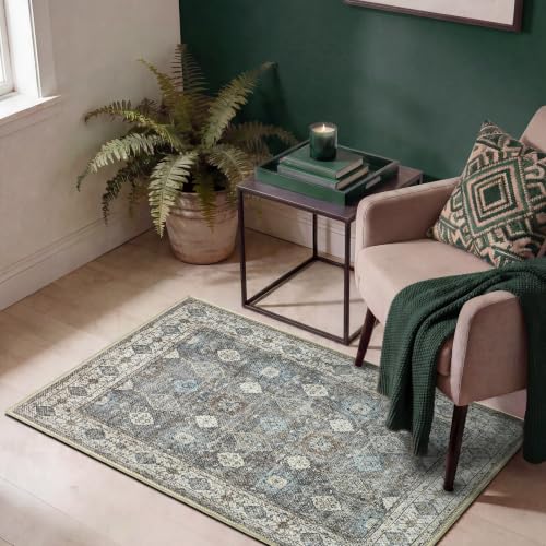 Keen Home Design Vintage Washable Runner Rug, Non-Slip Low Pile, 2x7 | Machine Washable Cotton Chenille, 0.25In Low Pile, Rubber Non-Slip Back; Kitchen, Hallway, Bathroom, Laundry Room - color: Grey/Light Blue, size: 2' x 3' (Rectangular)