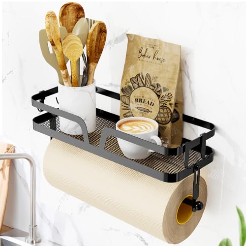 Taozun Paper Towel Holder with Shelf, Kitchen Paper Holder Spice Rack Black Paper Towel Roll Holder RV Paper Towel Rack with 4 Hooks(2 Installation Methods - Self-Adhesive and Drilling) - style: SP004 Black