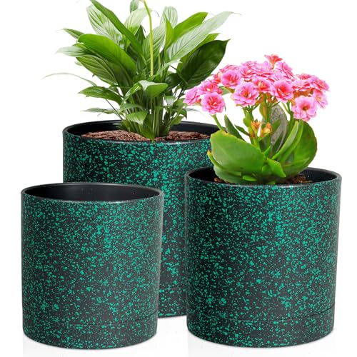 Meowell 6/5/4 inch Plant Pots, 3 Pack Cylinder Flower Pots for Small Indoor Outdoor Plants, Plastic Planters with Drainage Holes and Saucers for Garden Succulent Plants, Black with Green Speckles - color: Black With Green Speckles, size: 6"+5"+4"